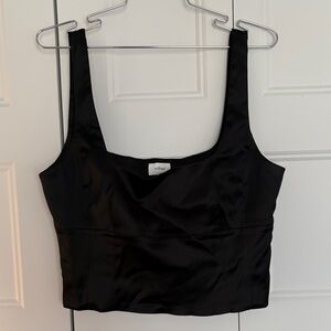 Wilfred Black Satin Crop Top sleeveless squared back and neckline w/ side zipper